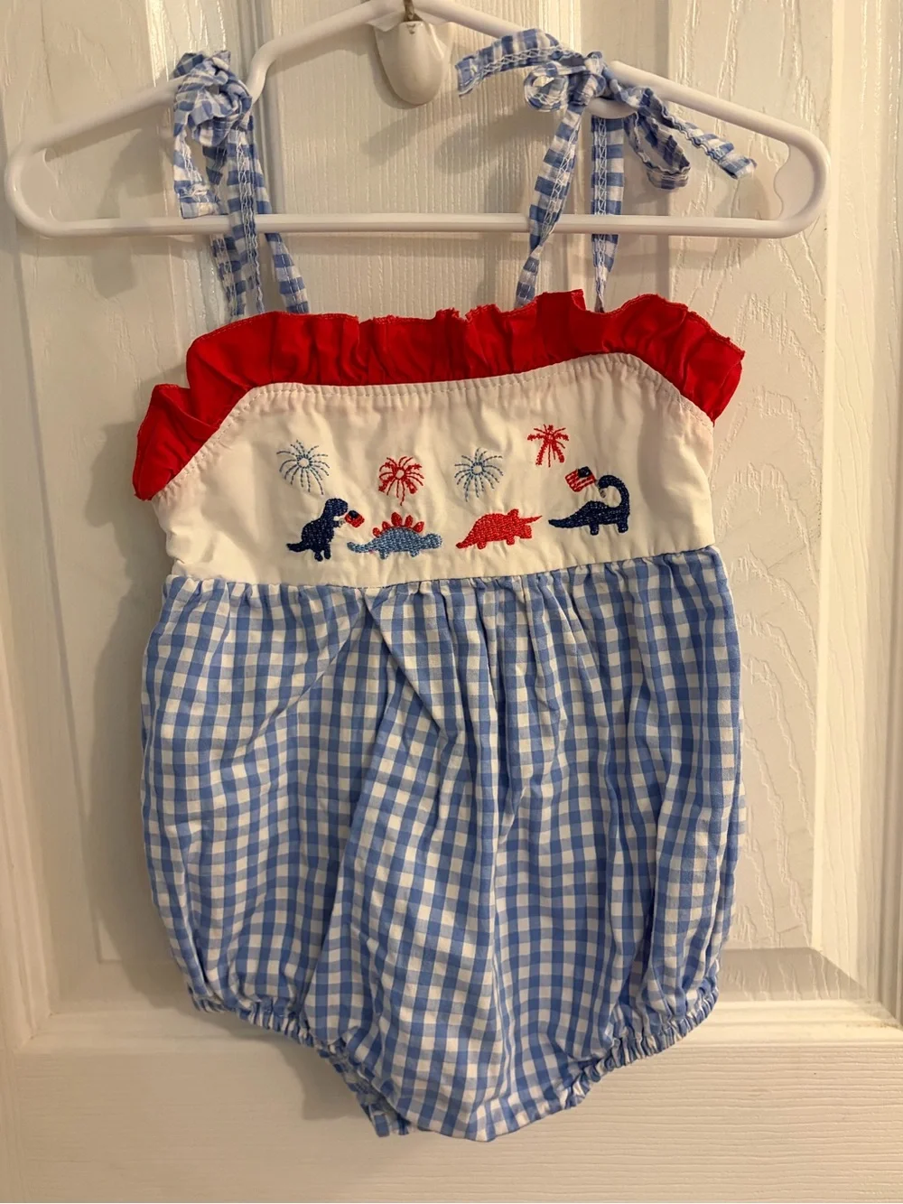 Girl's Adorable Red White & Blue Bubble Embroidered Dinosaurs & Fireworks 12-18M